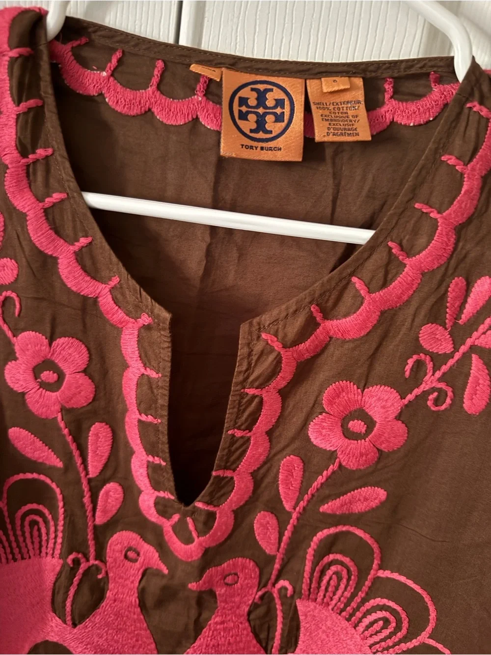 Tory Burch Brown Tunic with Hot Pink Embroidered Peacocks
